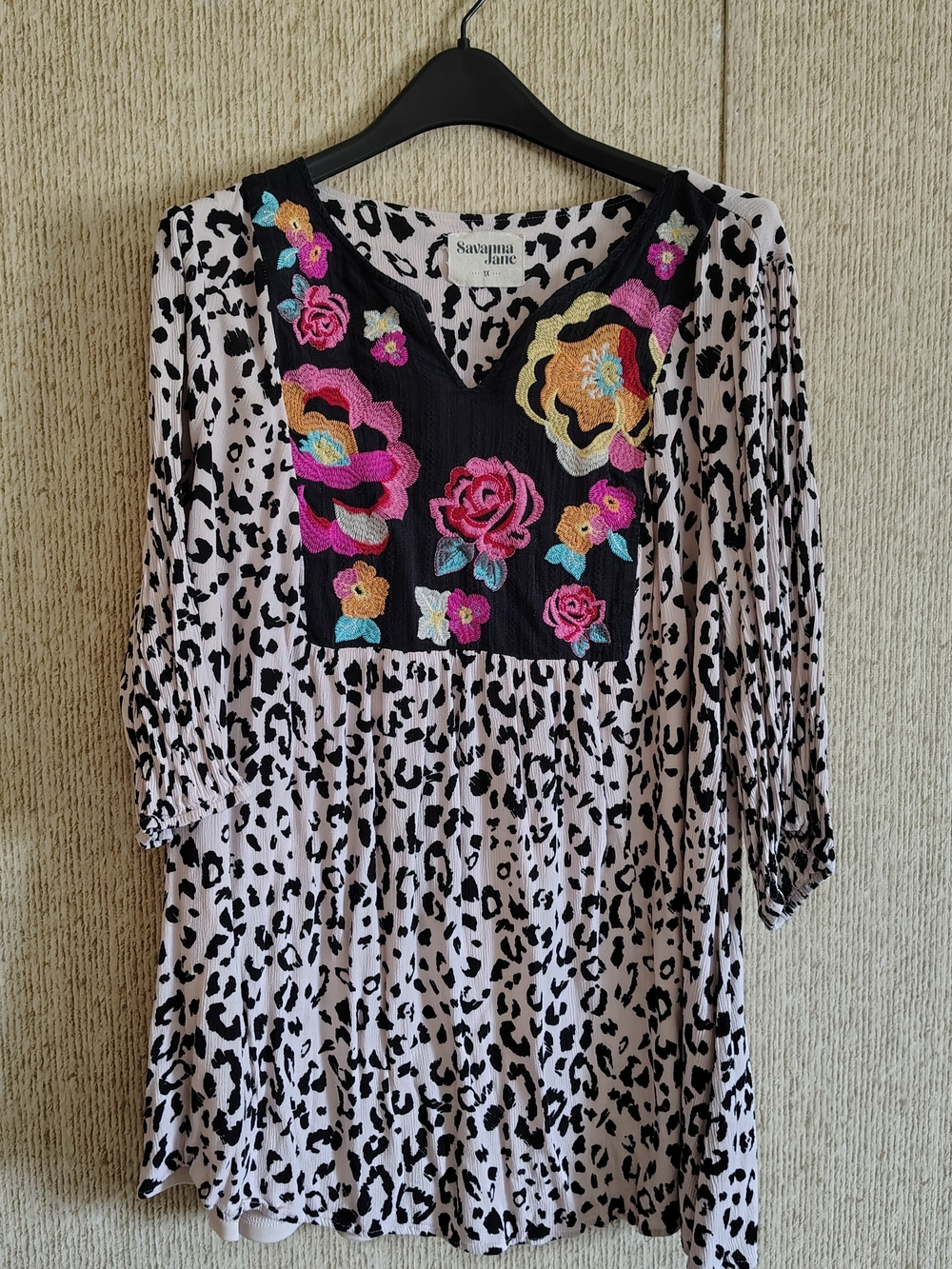 Savanna Jane Leopard Print Tunic Top With Embroidered Front, Sz 1X